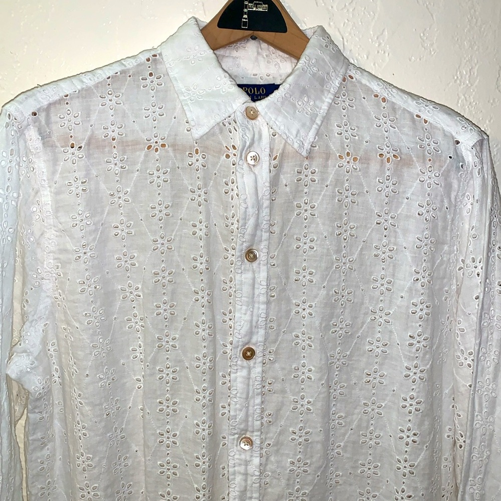 Polo Ralph Lauren White Eyelet Shirt L Floral Tunic Button Up 100% Cotton - Picture 5 of 6